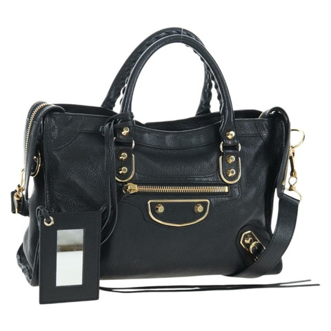 BALENCIAGA 經典 Edge City 手提包，皮革材質，兩用，黑色/金色，貨號 432831，正品 yk20725SAM