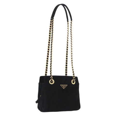 PRADA 鏈條單肩包 麂皮 黑色 金色 正品 yk20760V
