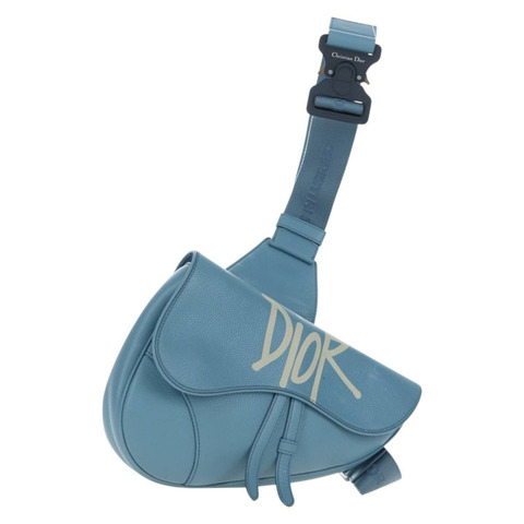 Christian Dior 馬鞍包 皮革 Stussy 聯名款 淺藍色 正品 199040V