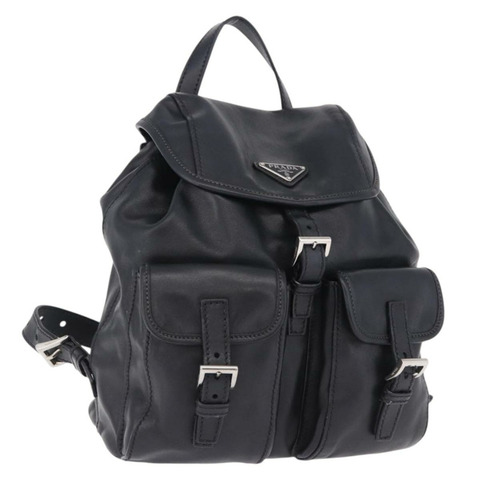 PRADA 黑色銀色皮革雙肩包 1BZ677 正品 198608V