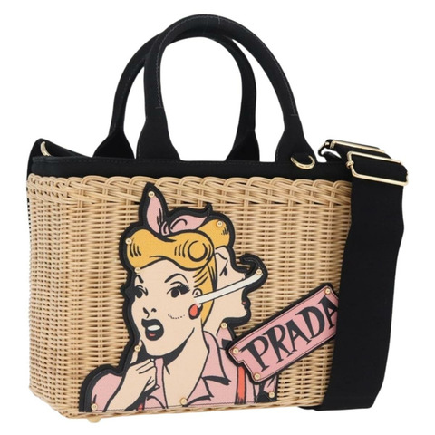 PRADA Canapa 藤編手提包，米色/金色，兩用款，貨號 1BG835，正品，編號 198609SAM