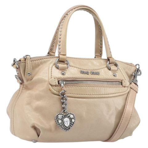 Miu Miu Vitellolux 手袋 皮革 兩用 米色 銀色 正品 197230V