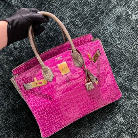 【精選天菜】HERMES Birkin 30 亮面倒V鱷魚 天方夜譚紫拼斑鳩灰