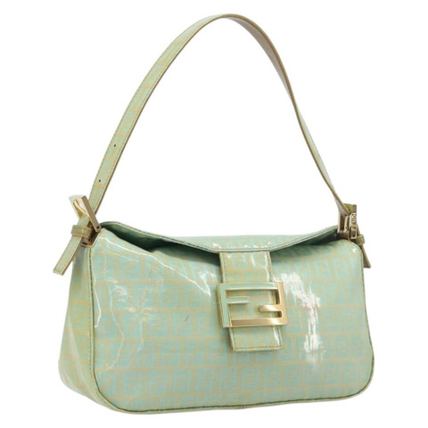 FENDI Zucchino 帆布 Mamma Baguette 包，塗佈帆布，金綠色，正品 200946A