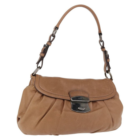 PRADA 棕色銀色皮革肩背包，正品 200291V