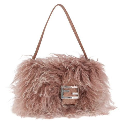 FENDI Selleria Mini Mamma Baguette Bag 羊毛粉紅銀色 8BR185 Auth yk20834SAM