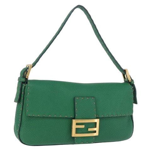 FENDI Selleria Mamma Baguette 包裝皮革綠金色 8BR101 正品 yk20828SAM
