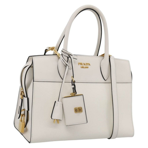PRADA Galleria Esplanade 手提包 Saffiano 2way 白色金色 Auth 199939M