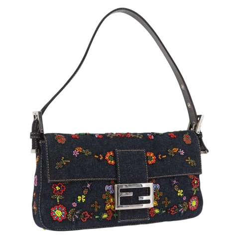 FENDI Mamma Baguette 單肩包 牛仔布串珠 多色 銀色 正品 yk20851SM