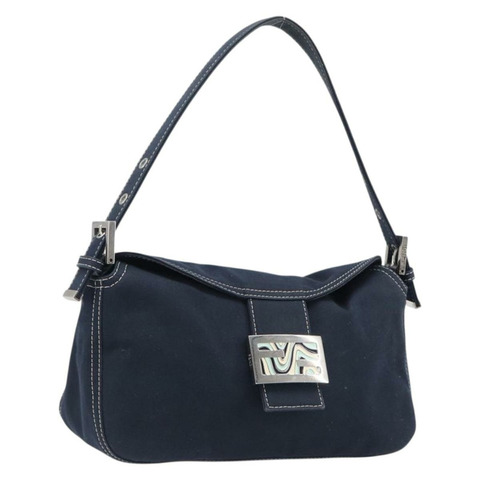 FENDI Mamma Baguette 肩背包 帆布 海軍藍 銀色 正品 199899A