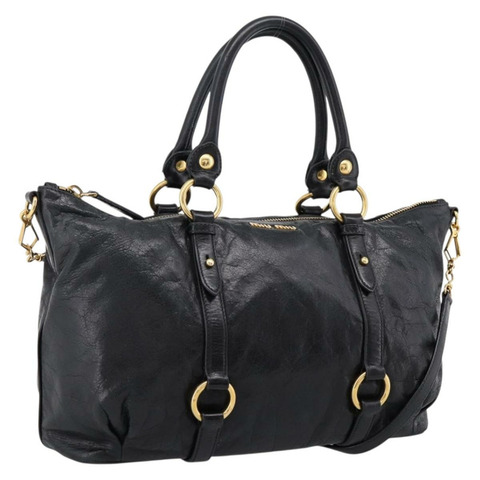 Miu Miu Vittello Shine 手提包 皮革 2way 黑色 金飾 Auth 199341V