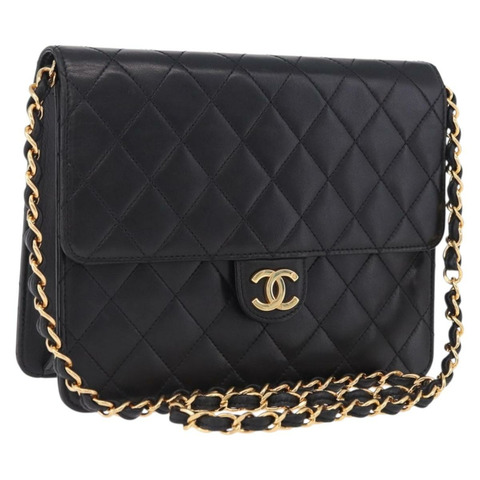 香奈兒 (CHANEL) 絎縫按扣肩背包，羊皮材質，黑色，金色雙C標誌，正品 am12544M