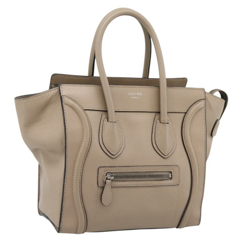 CELINE Luggage Micro Shopper 手提包，皮革，米色/銀色，正品，貨號 200973V