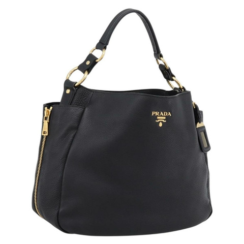 PRADA Vitterodino 手提包，黑色皮革，金色，正品，貨號 200844V