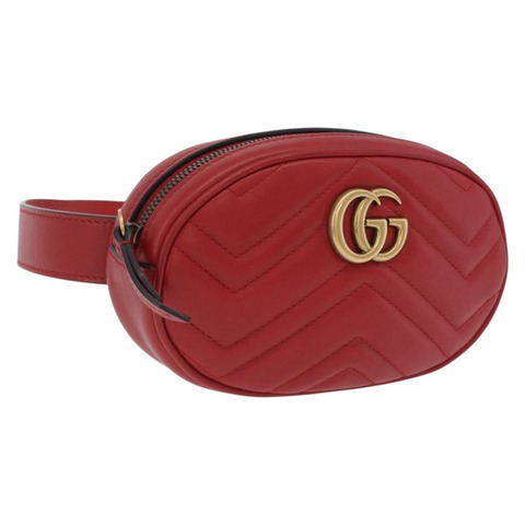 GUCCI GG Marmont 腰包 皮革 紅色 金色調 476434 正品 202090V