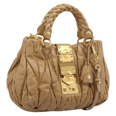 Miu Miu Vitellolux Matelasse 手提包 皮革 2way 棕色 金色色調 Auth 202111V