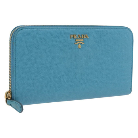 PRADA 長版皮夾 Safiano 皮革 淺藍色 金色 正品 202031V