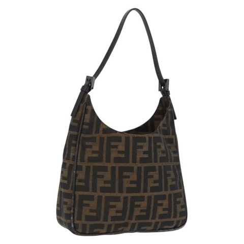 FENDI Zucca帆布手提包 黑色棕色 Auth mr2886A