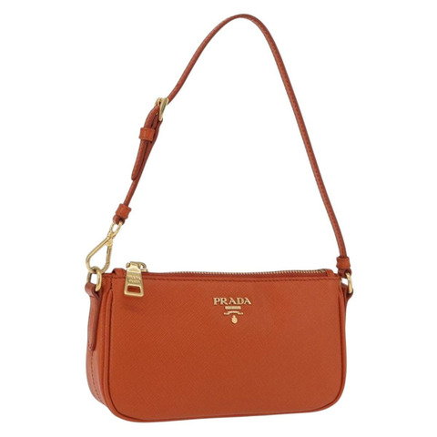 PRADA 橙色金色 Saffiano 皮革配件包 Auth 200537V