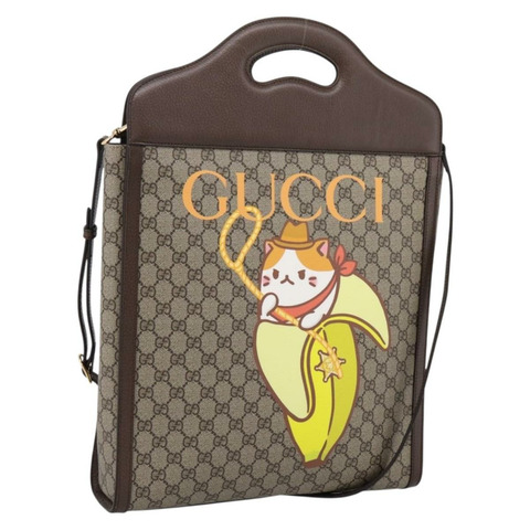 GUCCI GG Supreme Bananya 手提包 PVC 兩用 米色 金色色調 703793 正品 200361M