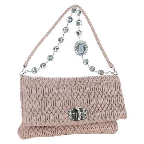 Miu Miu 納帕水晶絎縫皮革三用包 粉紅銀色 正品 203264M