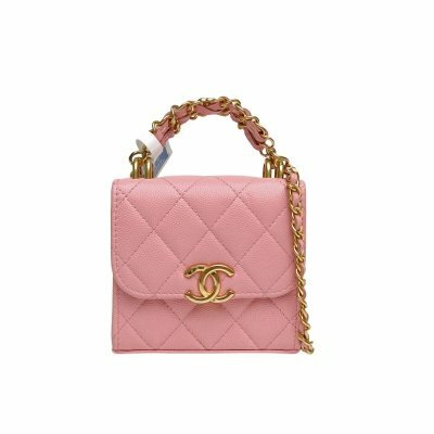 CHANEL 粉色荔枝牛皮金扣22K雙鏈條手柄小廢包11cm