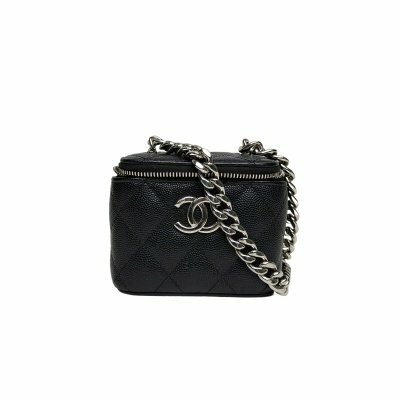 CHANEL 22S方盒子化妝包帶鏡子10cm黑色荔枝牛皮32開銀扣琺瑯COCO扣鏈條