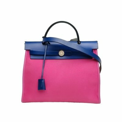 HERMES Herbag319I玉蘭粉拼73寶石藍帆布/Hunter牛皮C刻銀扣