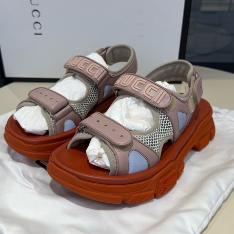 99新Gucci/古馳 粉色魔術貼老爹涼鞋 女款36.5碼