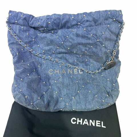 【美收精品】CHANEL 22 Bag 藍色牛仔丹寧小鉚釘銀鍊肩背包(附同款丹寧收納小包)  6-306Q 【隔月月中將轉賣至日本 上架期限30天】