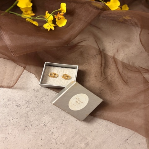 Vintage Christian Dior 浮雕線條 CD Logo 金色 鍍金 耳環 耳夾（附原裝盒）