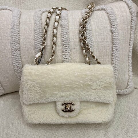 香奈兒 Chanel Mini CF 亮片串編 白色 亮片拼羊皮 淡金扣｜閒置