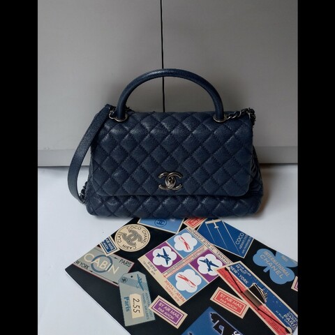 Chanel 銀鍊藍色荔枝皮兩用口蓋包 coco handle 28