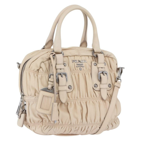 PRADA 褶皺手提包 皮革 2way 象牙銀色 Auth 203005V