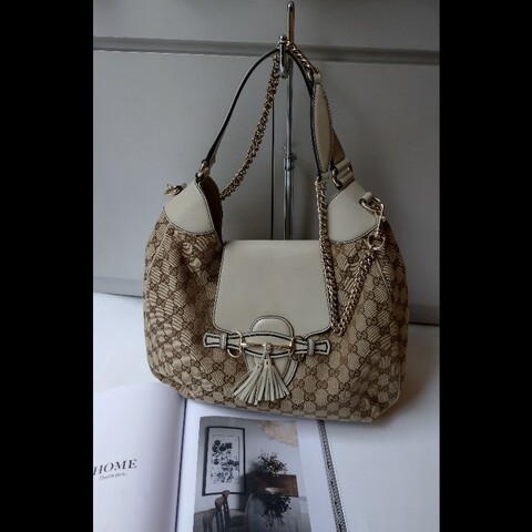 Gucci 白皮邊馬銜流蘇釦緹花布大hobo包