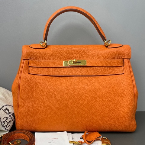 愛馬仕/Hermes 框R刻 橙色拼金扣Kelly 手提斜挎包 經典活力愛馬仕橙，顆粒飽滿的Togo