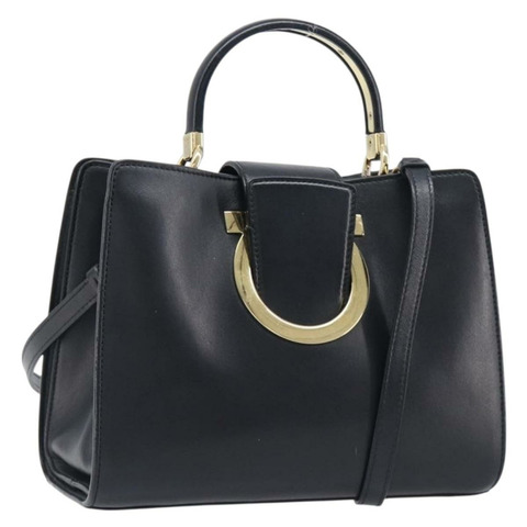 Salvatore Ferragamo Gancini 手提包 皮革 兩用 黑色 金飾 正品 202636V
