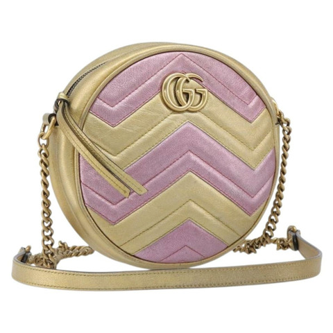 GUCCI GG Marmont 鏈條單肩包 皮革 金粉色 550154 正品 ka6138A