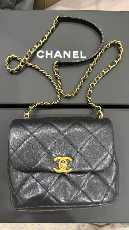 CHANEL Mini Square Flap Bag CF17 黑色 Caviar 荔枝紋牛皮 金釦 方胖