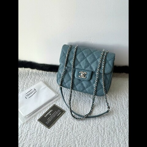 98♥️Chanel 霧霾藍銀扣荔枝皮雙鏈方胖 25開