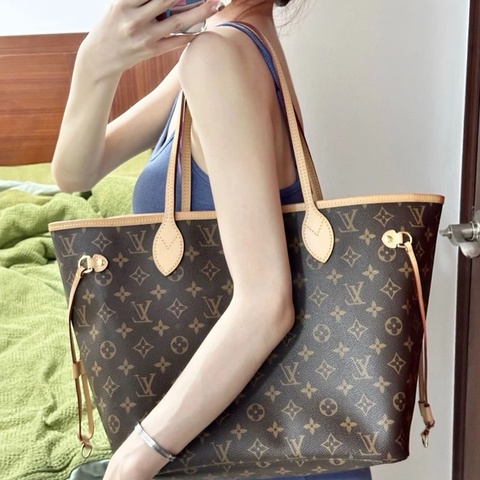 LV 路易威登neverfull老花中號 米色內里 購物袋 芯片款
