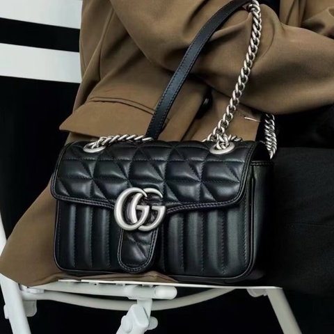 Gucci古馳 馬蒙22 黑銀鏈條包 閒置成色
