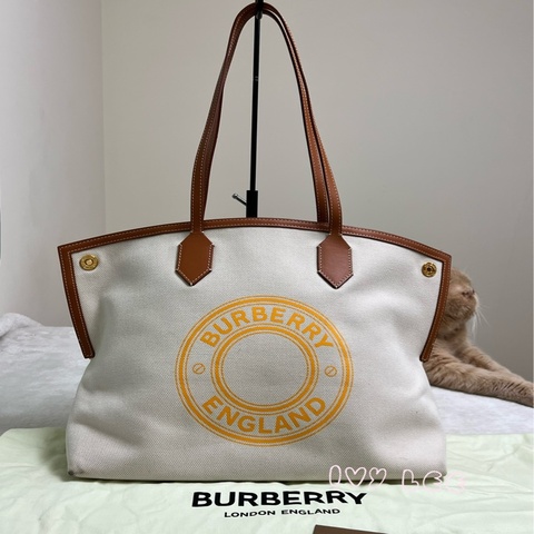 Burberry（Society Tote Bag 徽標圖案棉質帆布 托特包 手提包 肩背包 二手精品
