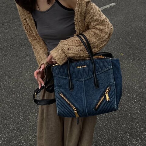 Miumiu 牛仔手提托特包 牛仔藍 31*26*19 98新配件肩帶 塵袋