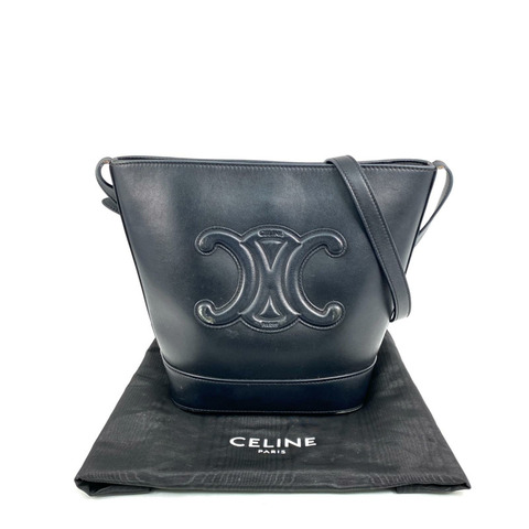△ CELINE 思琳 Black Calfskin Small Bucket Cuir Triomphe Shoulder Bag 黑色小牛皮肩背包-267017158