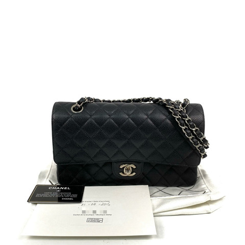 △ CHANEL 香奈兒 Black Caviar Skin CF25 Silver Tone Metal Classic Double Flap No.22 Chain Shoulder Bag 黑色粒紋小牛皮CF25銀色金屬No.22鎖鏈肩背包 A01112-267017451