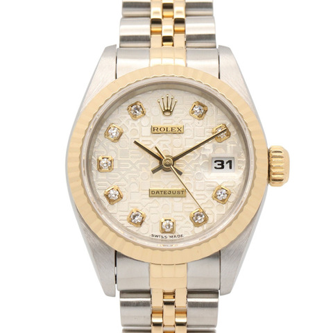 Rolex Datejust 10P 鑲鑽 T 字頭腕錶，18K（黃金）不鏽鋼錶殼，鑲鑽，女款，銀色錶盤，電腦控制，全新 69173G