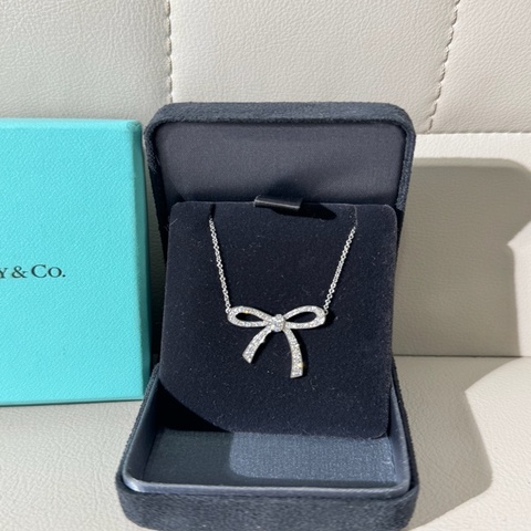 Tiffany & Co.蒂芙尼Platinum Diamond Bow Ribbon系列白金滿鑽蝴蝶結項鍊