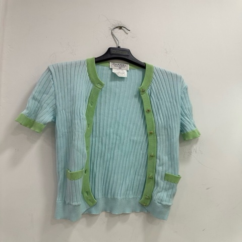 Chanel 香奈兒 97年Vintage 藍綠拼接針織短袖外套 40碼