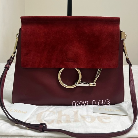 Chloé Faye 肩背包 小牛皮 絨面麂皮拼接 酒紅色 手提包 正品 二手精品